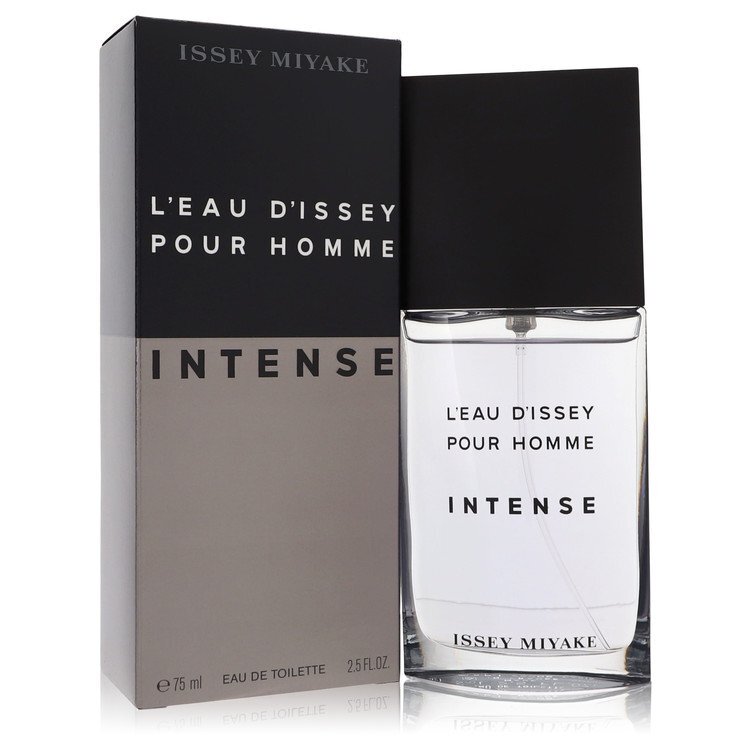 Issey Miyake L'eau D'Issey Pour Homme Intense 2.5 oz men's Eau de Toilette spray bottle with sleek packaging.
