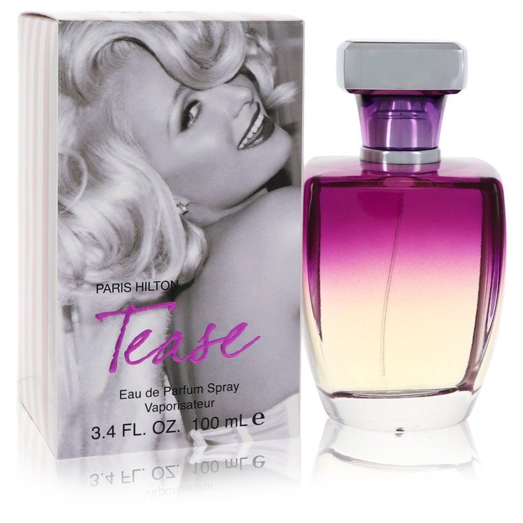 Paris Hilton Tease Eau De Parfum spray 3.4 oz for women, featuring a sleek bottle with a stylish design.