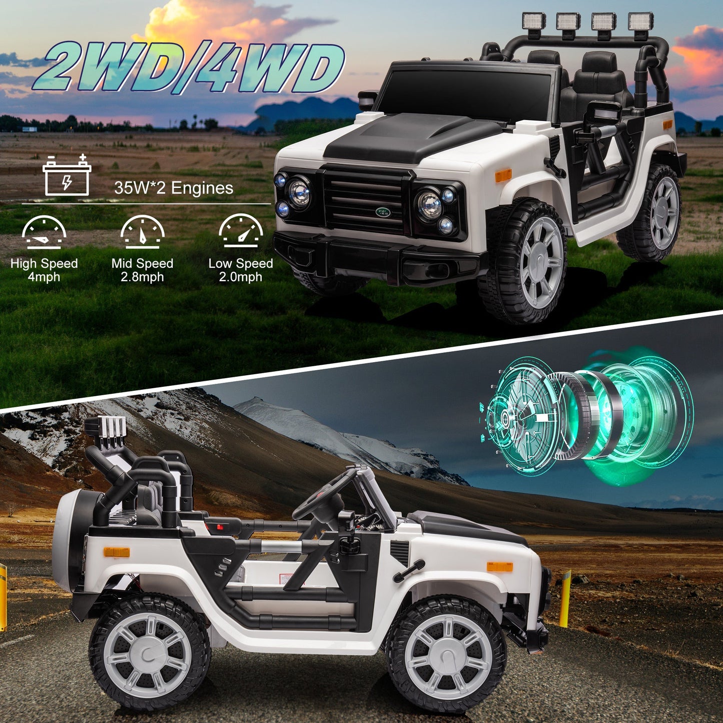 12v7a 30w*2 Four-wheel drive leather seat one button start,forward and backward, high and low speed, music, front light, power display, two doors can open, 2.4G R/C, seat belt four wheel absorber