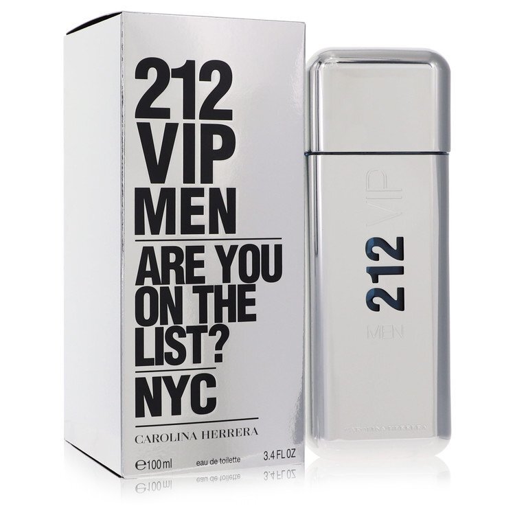 Carolina Herrera 212 VIP men's Eau De Toilette spray, 3.4 oz, featuring sleek bottle design and luxurious fragrance.