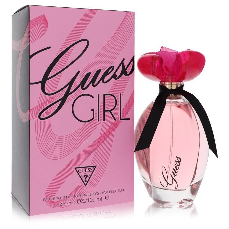 Guess Girl Eau De Toilette spray for women, 3.4 oz, featuring the Guess brand logo and elegant perfume bottle design.