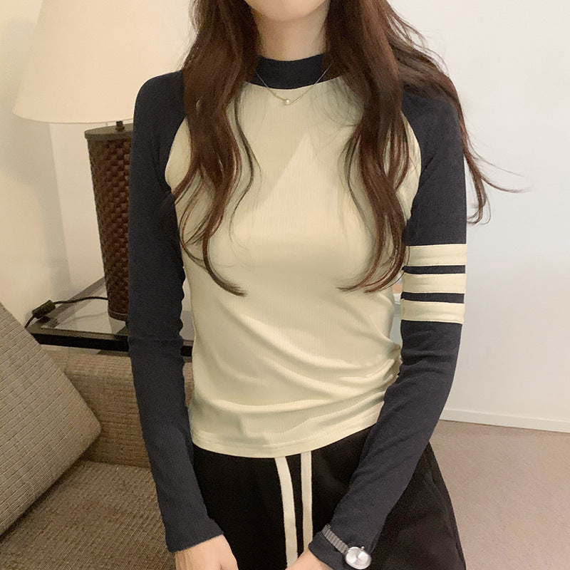 Color-blocked Shoulder Sleeve Short Crop Long Sleeve T-Shirt for Women
