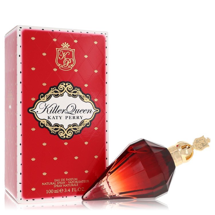 Katy Perry Killer Queen Eau De Parfum spray bottle, 3.4 oz, featuring a sleek design and floral accents.