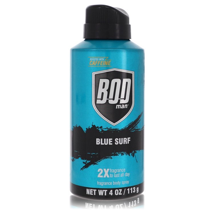Bod Man Blue Surf men's body spray by Parfums De Coeur, 4 oz bottle with blue and white design, fresh ocean-inspired scent