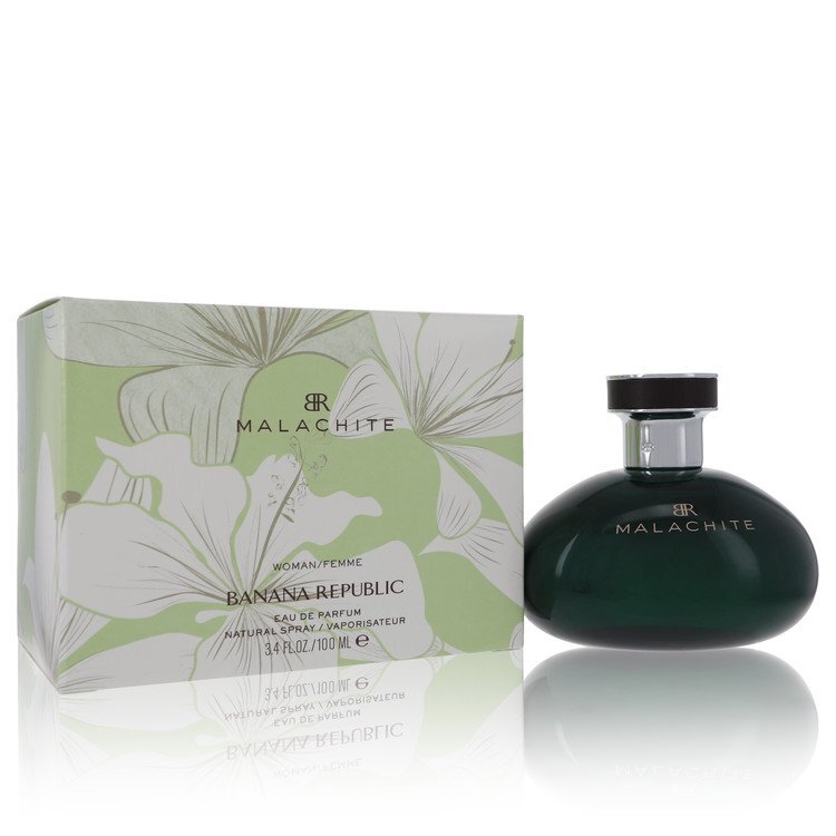 Banana Republic Malachite eau de parfum spray for women, 3.4 oz, featuring a sleek bottle with green accents.