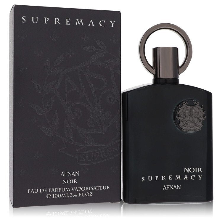 Afnan Supremacy Noir men's Eau De Parfum spray bottle, 3.4 oz, with sleek black and gold packaging, showcasing the fragrance.