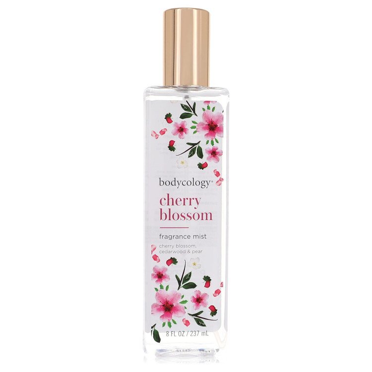 Bodycology Cherry Blossom, Cedarwood, and Pear fragrance mist spray in an 8 oz bottle for women, with floral and woody scent notes.