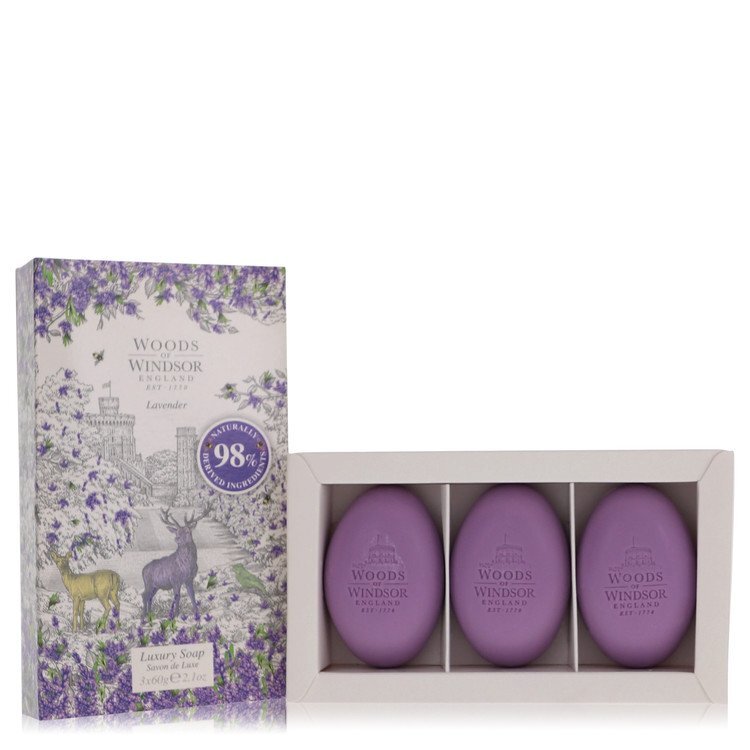 Woods of Windsor Lavender fine English soap set with three 2.1 oz bars, featuring lavender-scented soap in elegant packaging