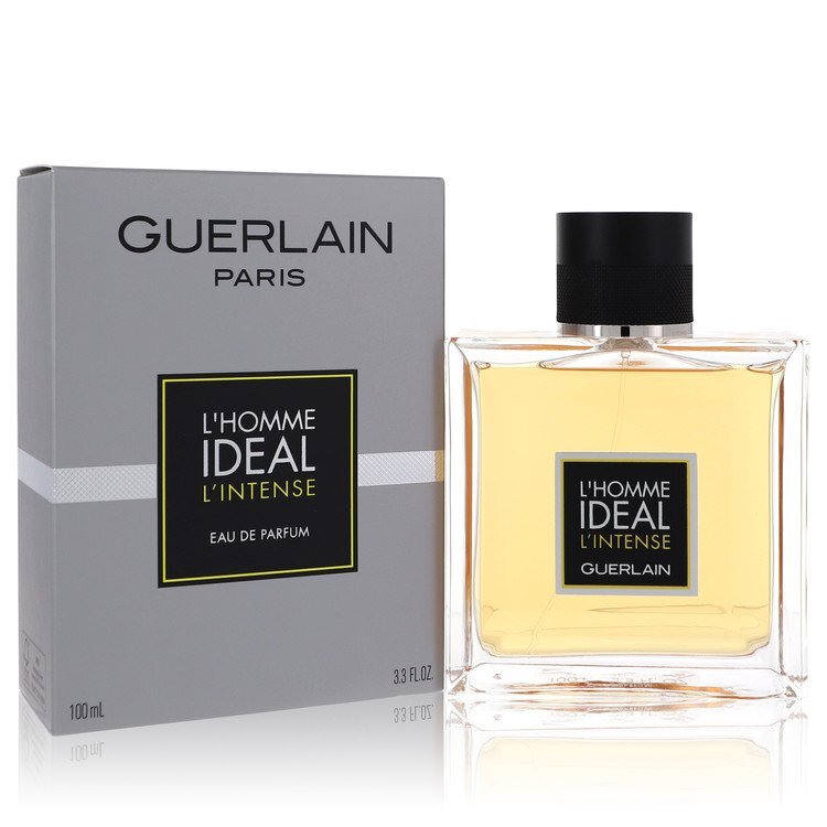 Guerlain L'homme Ideal L'intense Eau de Parfum spray for men, 3.4 oz bottle with sleek packaging, showcasing the fragrance.