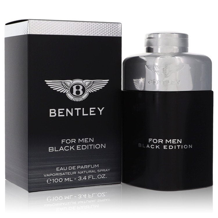 Bentley Black Edition Eau De Parfum spray for men, 3.4 oz bottle, sleek black design with Bentley branding.