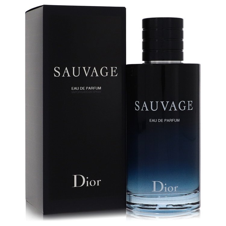 Christian Dior Sauvage Eau De Parfum spray for men, 6.8 oz bottle, sleek design with the iconic Dior branding.