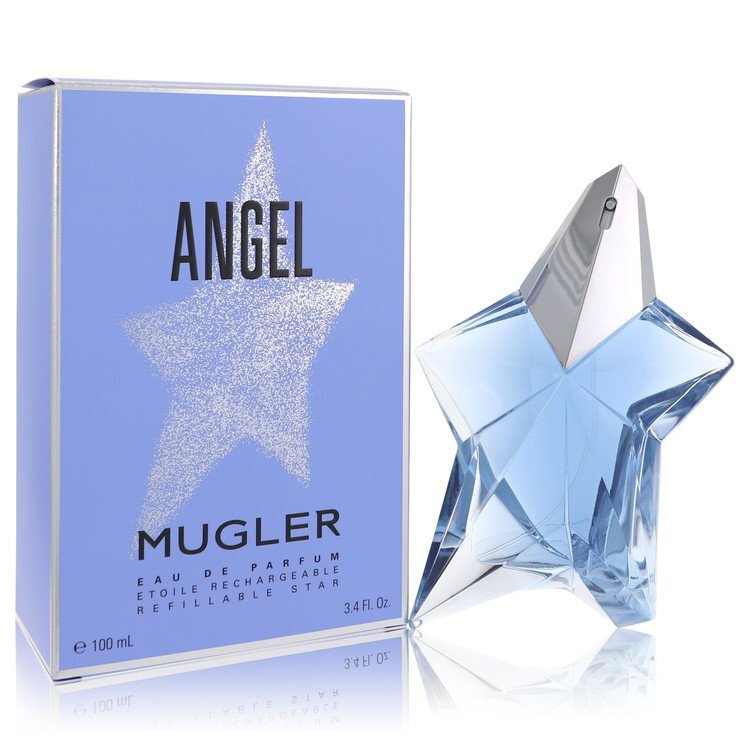 Angel by Thierry Mugler Standing Star Eau De Parfum spray bottle, refillable 3.4 oz, elegant design for women.