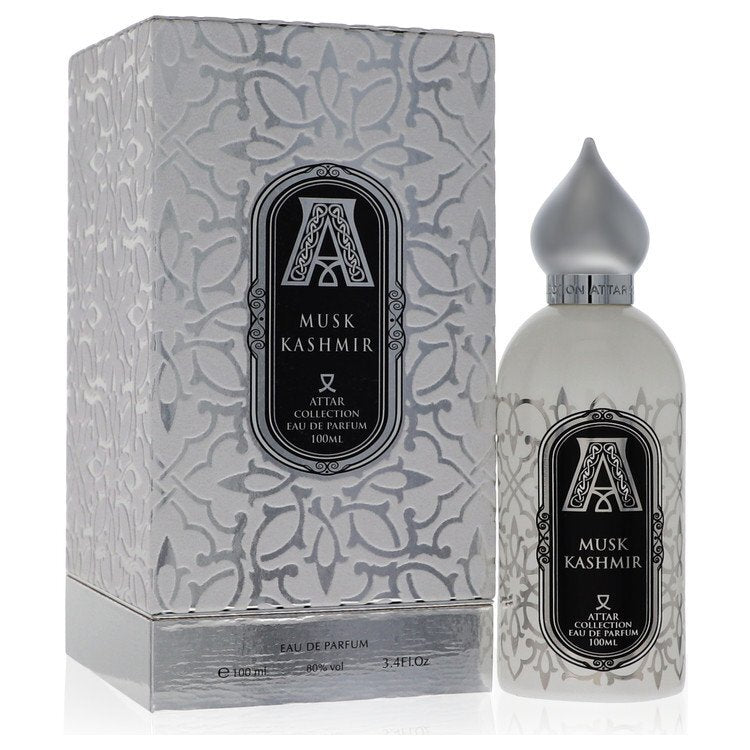 Attar Collection Musk Kashmir unisex Eau De Parfum spray bottle, 3.4 oz, featuring elegant packaging and a luxurious scent.