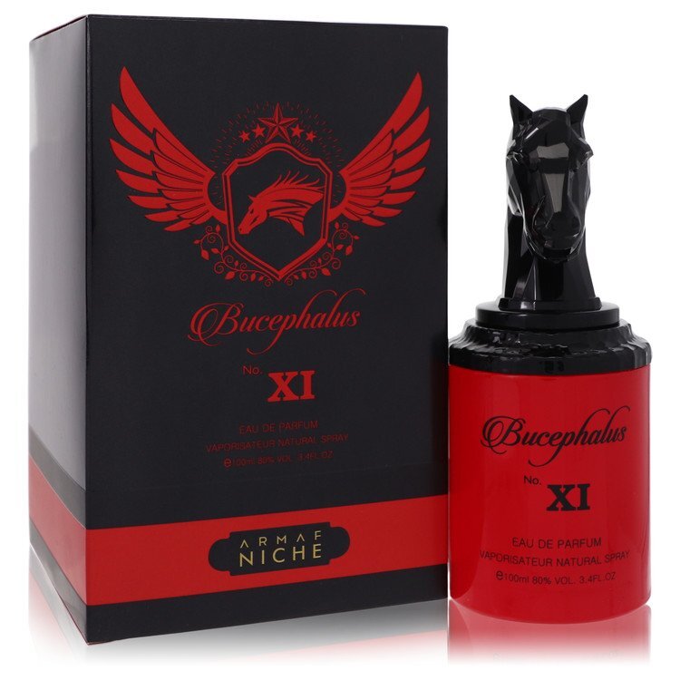 Armaf Bucephalus XI Eau De Parfum spray for men, 3.4 oz, showcasing the sleek bottle design and cap.