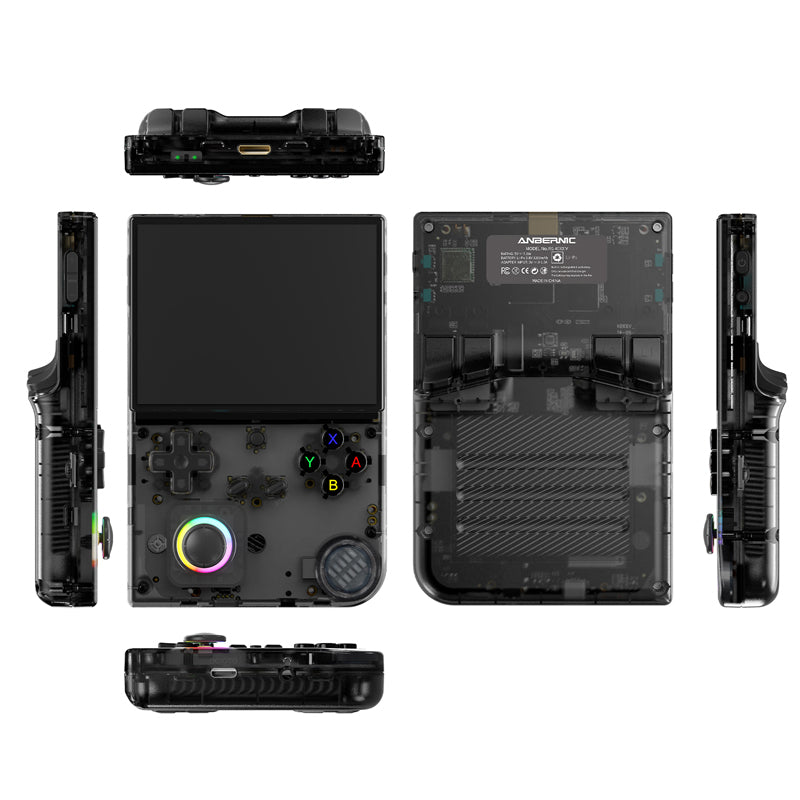 Eprolo ANBERNIC RG40XXV retro handheld game console with vertical design, lighting effects, connected to power.