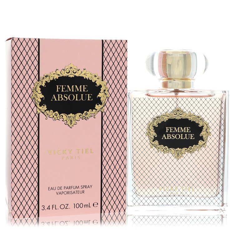 Vicky Tiel Femme Absolue Eau de Parfum spray in 3.4 oz bottle, featuring elegant packaging and floral fragrance design