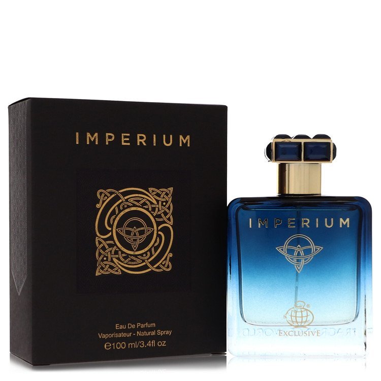Imperium by Fragrance World unisex Eau De Parfum spray, 3.4 oz bottle, with sleek packaging and fragrance details.