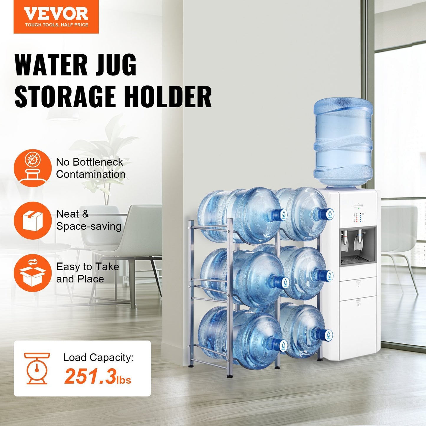 3 Tiers Water Jug Holder, 5 Gallon Water Bottle Holder, Double Row Water Bottle Rack for 6 Bottles, Heavy Duty Water Jug Rack for Kitchen, Office, Living Room, Silver - American Smart