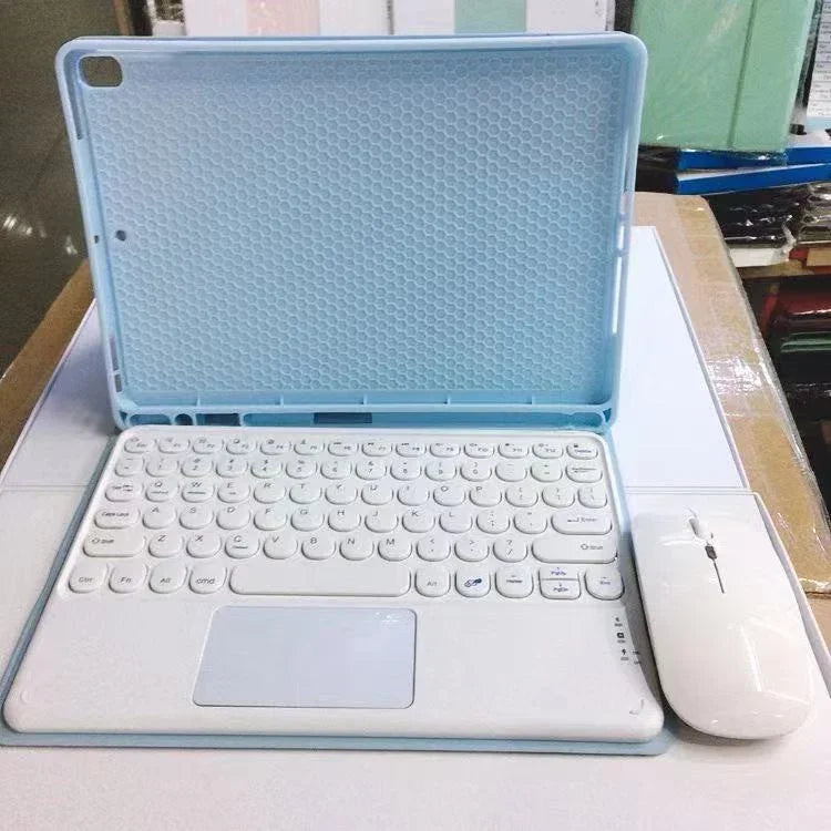 Blue leather protective case for iPad Pro 11 inch and 10.2 inch, with keyboard slot and pen holder, compatible with Apple tablets.