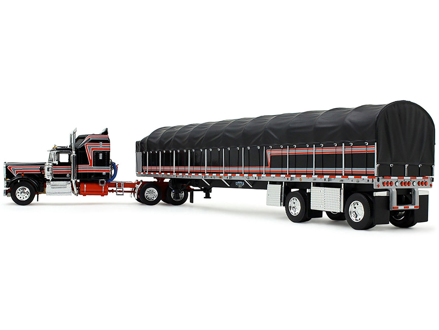 Detail of First Gear Kenworth W900A diecast model with 60" Aerodyne sleeper and Wilson Roadbrute flatbed trailer, black with red stripes.