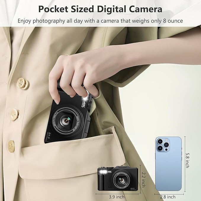 American Smart 4K digital camera with 64MP, 3" flip screen, 18X zoom, point-and-shoot design, black color, includes 32GB micro SD card