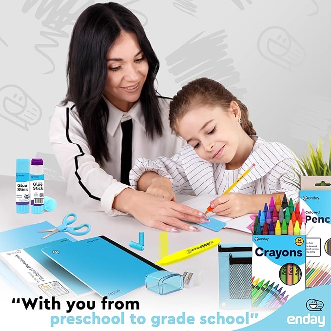 Blue American Smart Enday school supply box with 78 kindergarten supplies for kids in grades K-5, suitable for boys and girls.