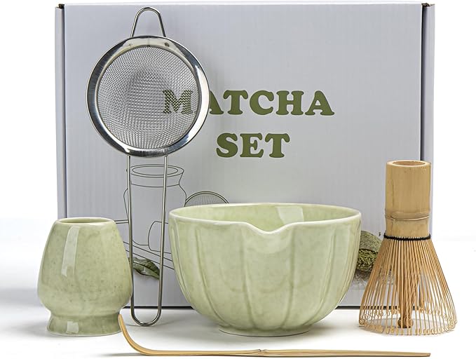 American Smart speckled green matcha whisk set with bowl, bamboo scoop, sifter, chasen holder, perfect for tea ceremonies and matcha brewing.
