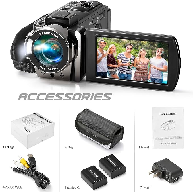 American Smart digital camcorder with 3-inch rotating LCD, full HD 1080P video, 24MP photos, 16X zoom, and dual batteries in black.