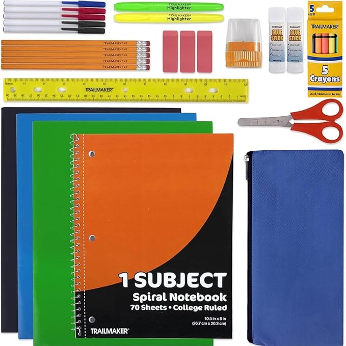 12 pack of American Smart school supplies kits with notebooks, folders, pens, and pencils for kids' back-to-school essentials