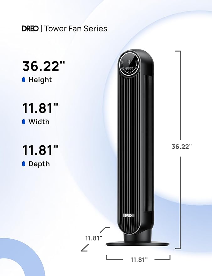 Black Dreo tower fan for bedroom with oscillation, 4 speeds, 4 modes, bladeless design, and 8-hour timer, indoor standing fan.