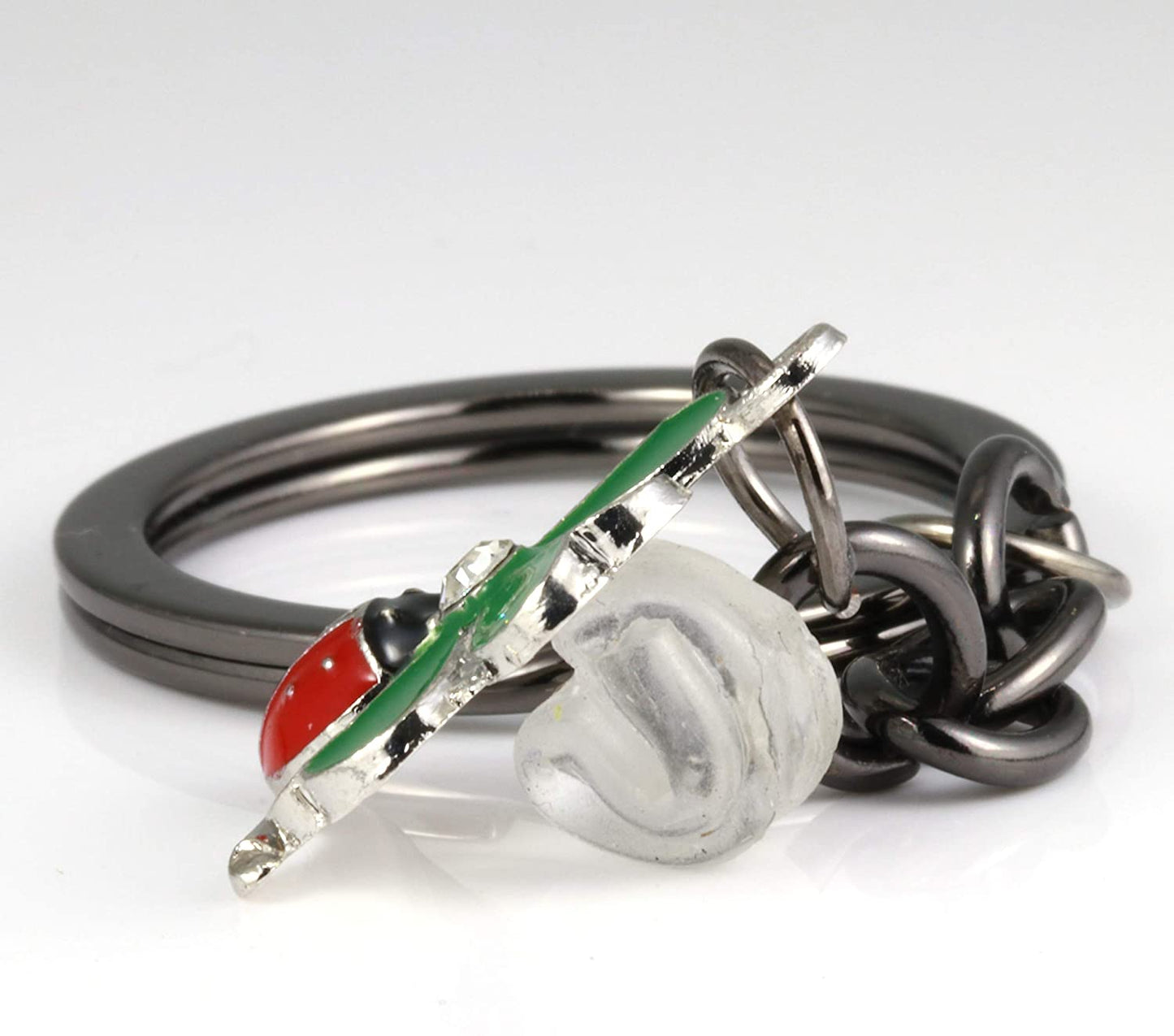 Ladybug Gifts | Ladybug Key Chain of a Lady Bug on a Four Leaf Clover Lucky Keychain 1 inch diameter Black Key Chain with Black Chain to the Ladybug Charm on a Four Leaf Clover with Rhinestone Center-4