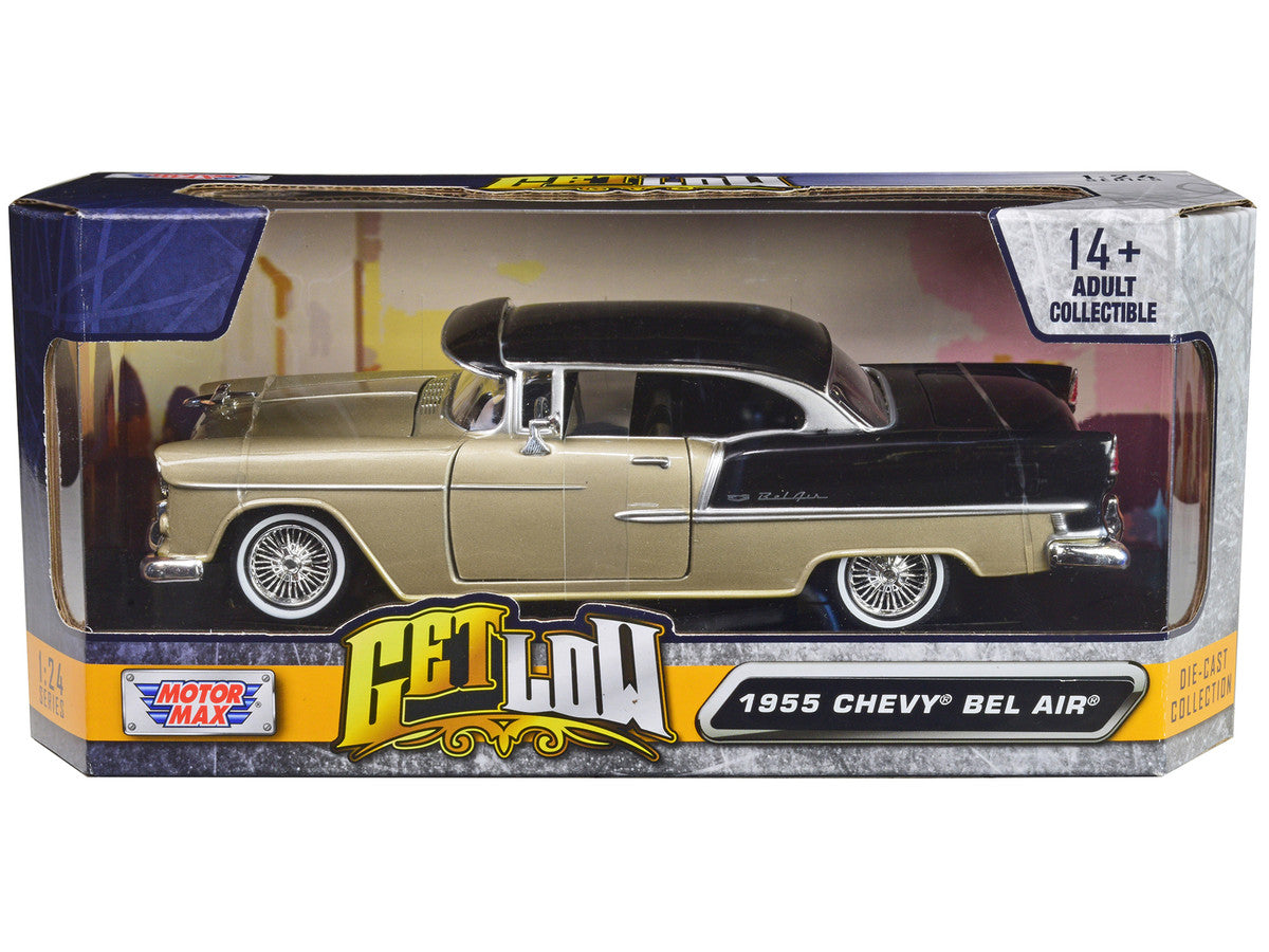 1955 Chevrolet Bel Air Lowrider Hard Top Beige Metallic and Black "Get Low" Series 1/24 Diecast Car Model by Motormax-0