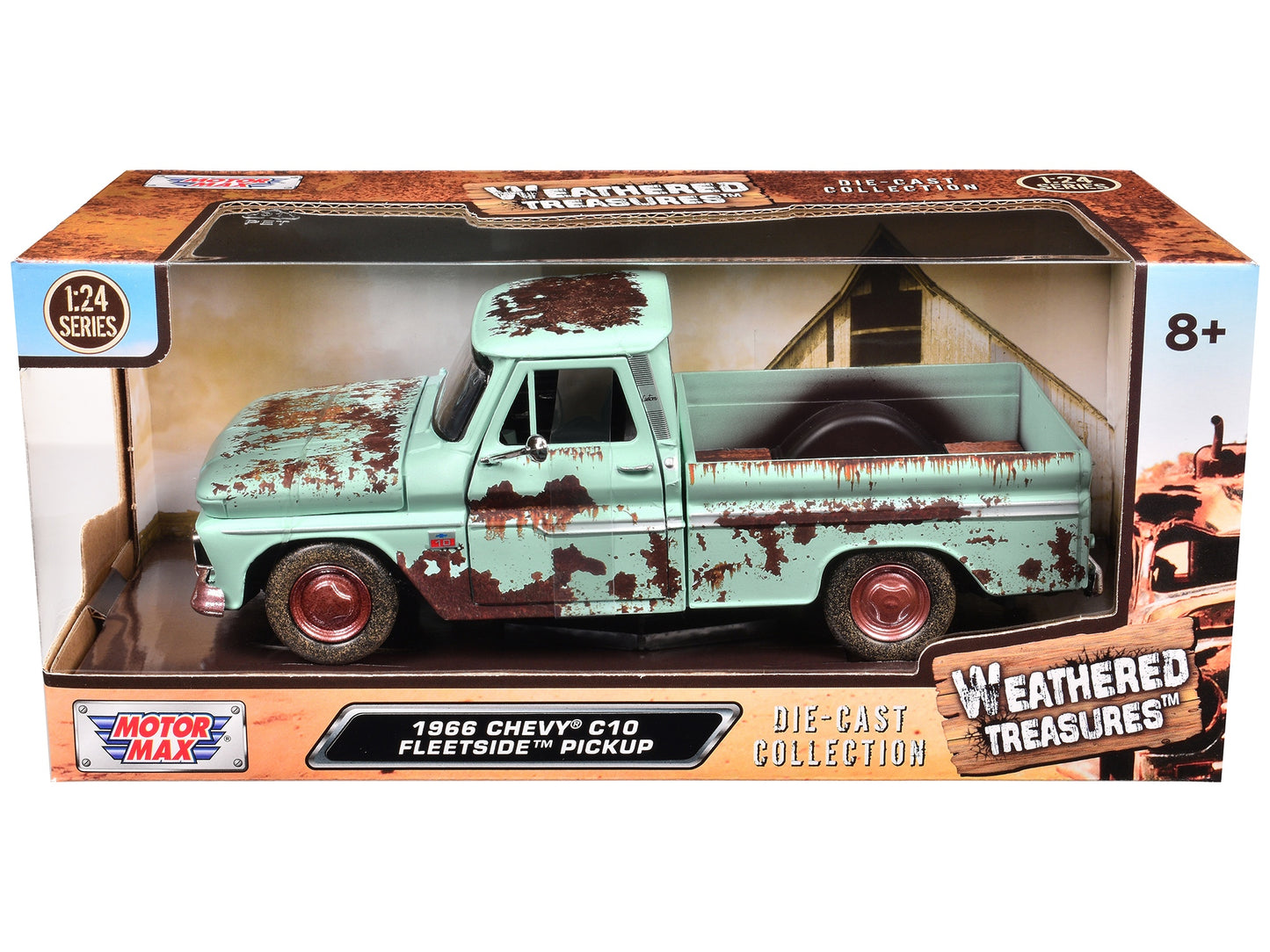 Rusted light green 1966 Chevrolet C10 Fleetside pickup truck diecast model by Motormax, weathered and detailed in 1/24 scale.