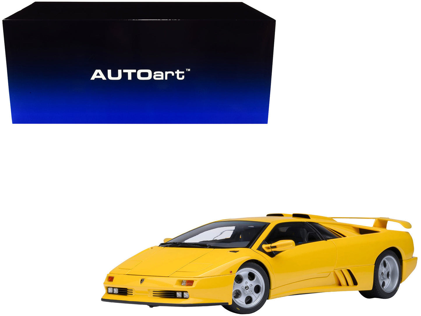 Yellow Lamborghini Diablo SE30 Jota Superfly 1/18 scale model car by Autoart, detailed collectible vehicle with realistic features.