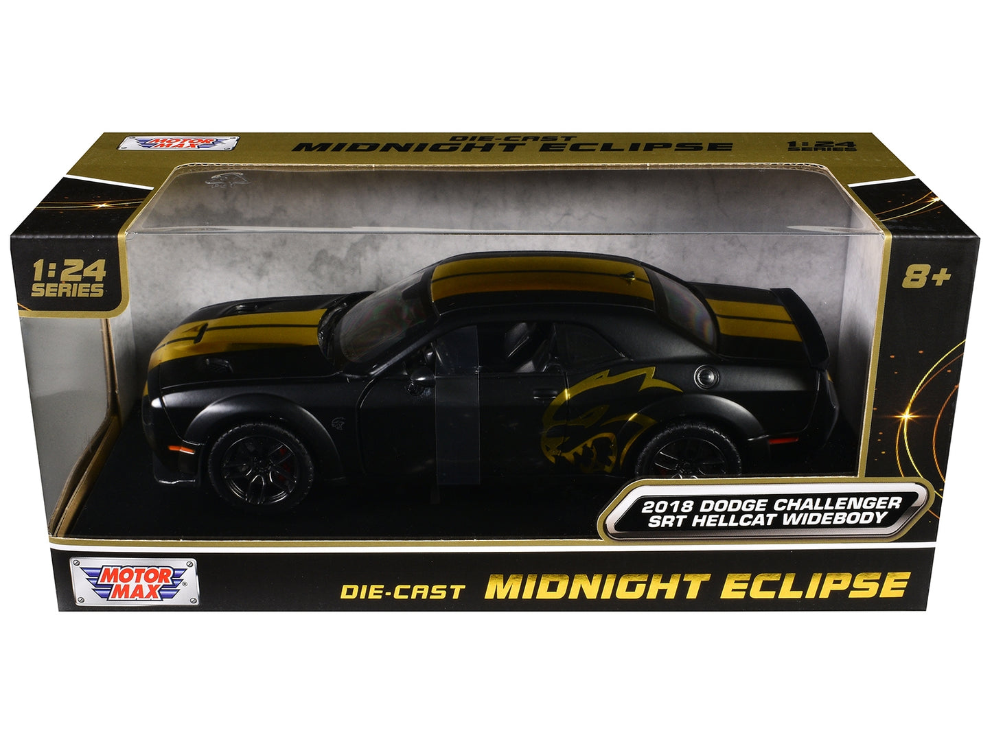 2018 Dodge Challenger SRT Hellcat Widebody diecast model car by Motormax in matte black with gold stripes, from the Midnight Eclipse series.