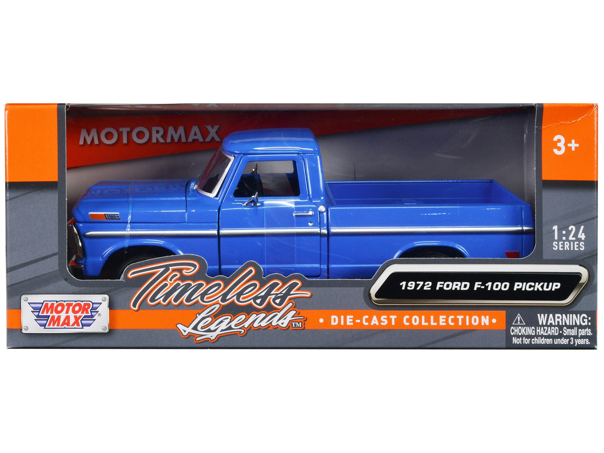Blue 1972 Ford F-100 Pickup Truck diecast model from Motormax's Timeless Legends series, detailed 1/24 scale collectible car.