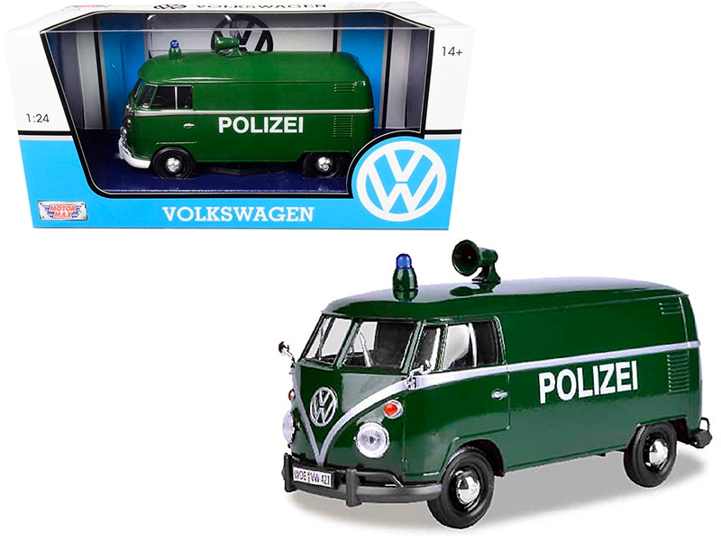 Volkswagen Type 2 T1 police van diecast model car in dark green by Motormax, detailed 1/24 scale collectible vehicle.