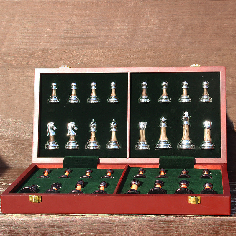 Metal acrylic international chess set with imitation jade chess pieces on a chess board, designed for Western chess gameplay.