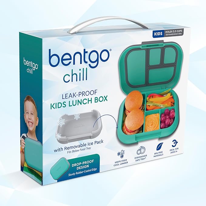 Green and navy Bentgo Chill kids lunch box with four compartments, built-in ice pack, BPA-free, microwave and dishwasher safe.