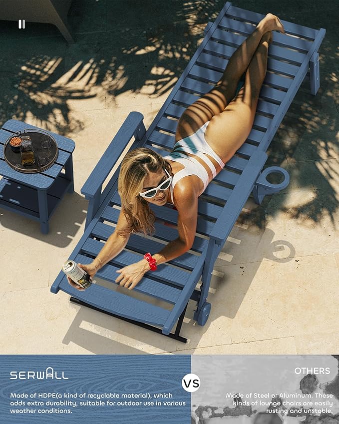 Navy blue SERWALL patio chaise lounge chair by American Smart with adjustable positions, rolling wheels, and cup holder for outdoor lounging