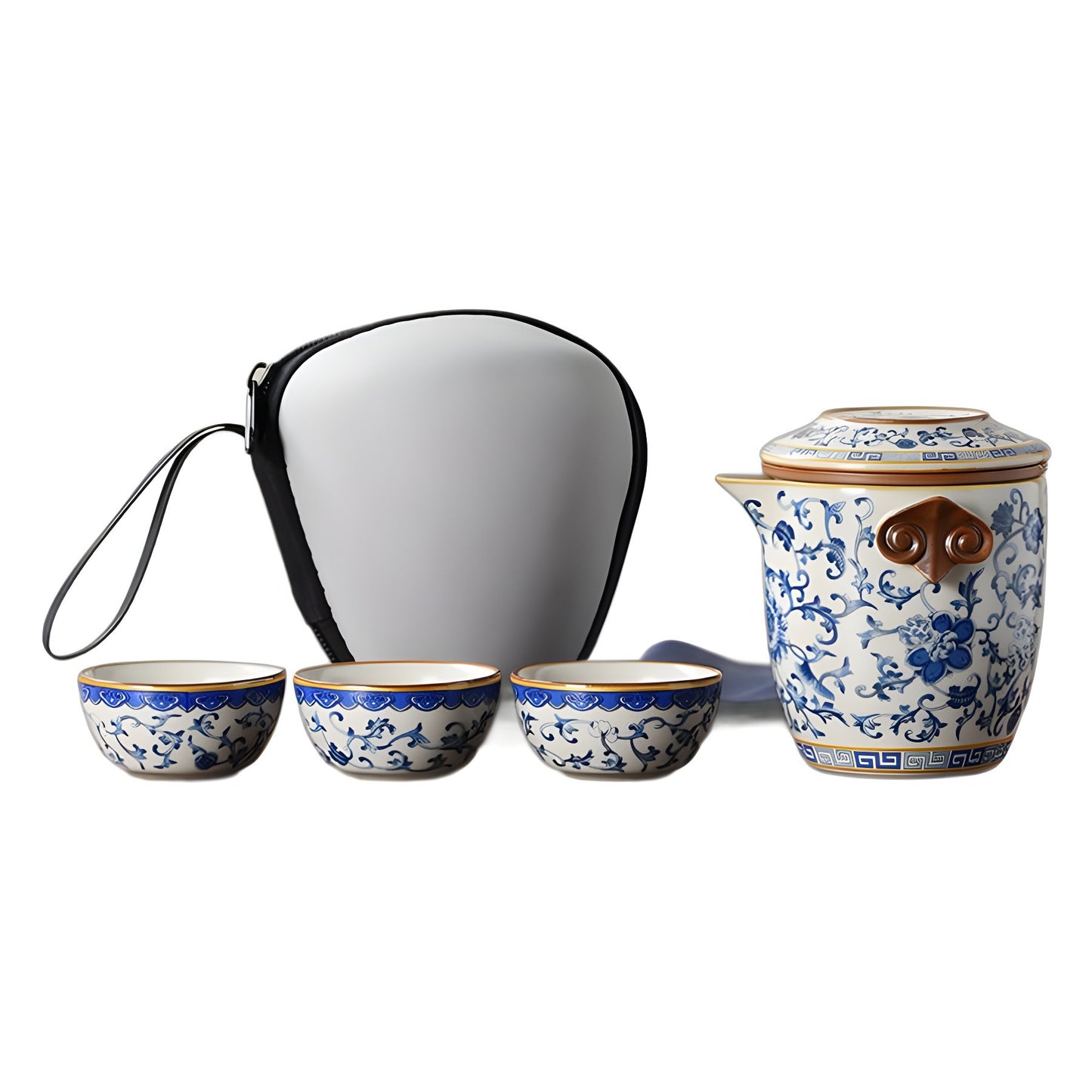 Blue and white beige Ru kiln travel tea set one pot three cups outdoor portable entwined lotus ceramic retro teapot