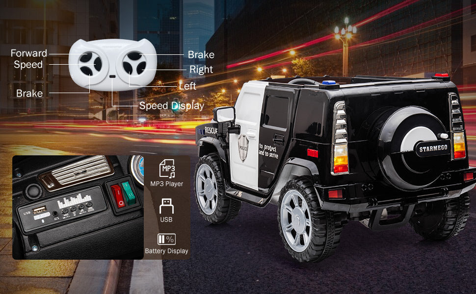 12v7a 30w*2 Four-wheel drive leather seat one button start,forward and backward, high and low speed, music, front light, power display, two doors can open, 2.4G R/C, seat belt four wheel absorber