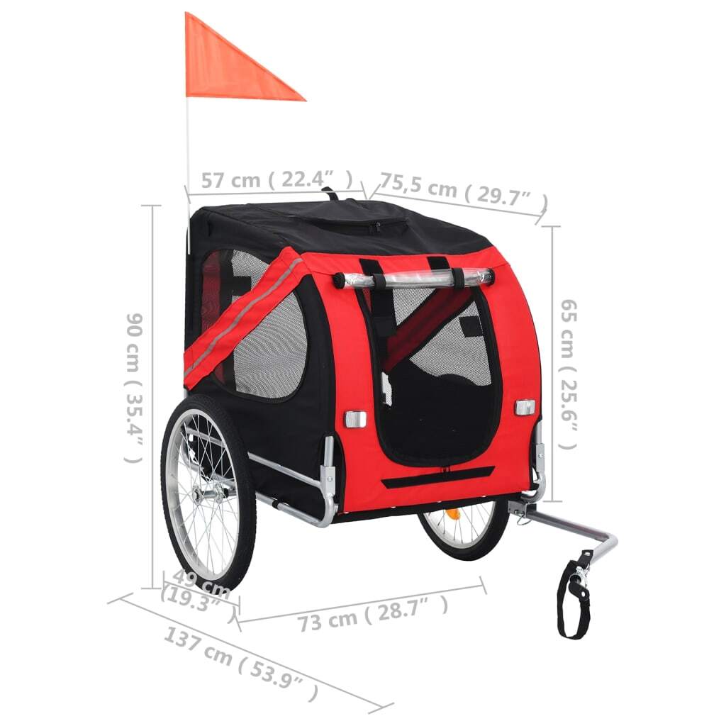 Red and black American Smart pet bike trailer attached to a bicycle, designed for transporting pets comfortably and safely.