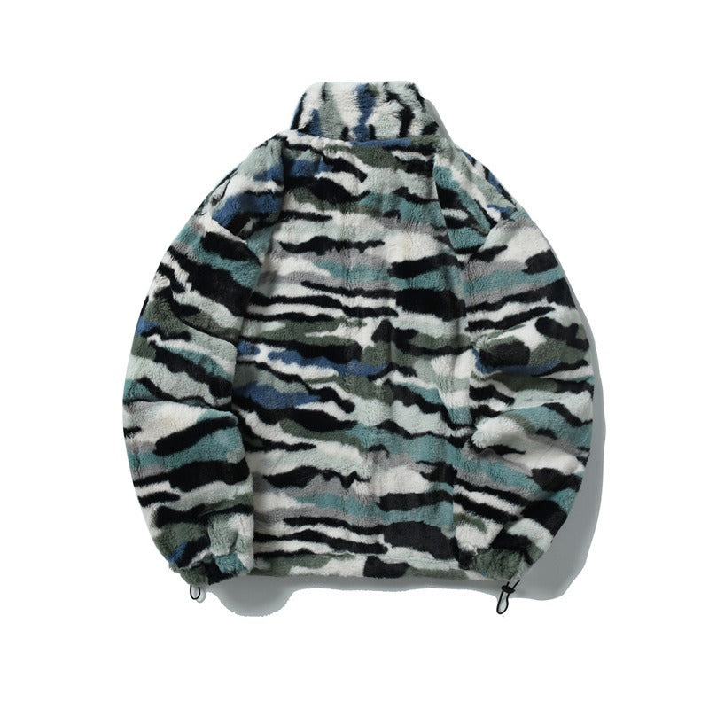 Autumn and winter retro camouflage imitation rabbit plush jacket for men and women loose casual versatile warm cotton jacket