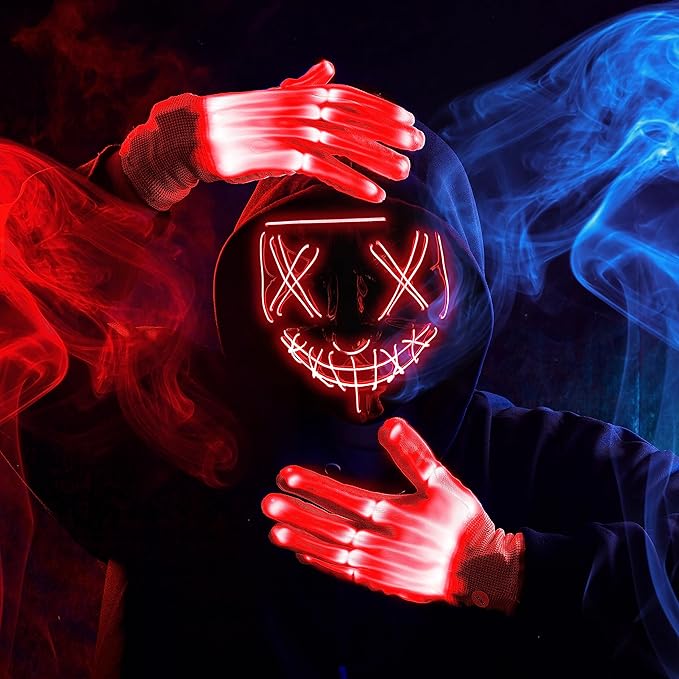 Red Halloween LED mask and gloves by American Smart with scary glow-in-the-dark design, 3 lighting modes for cosplay and parties.