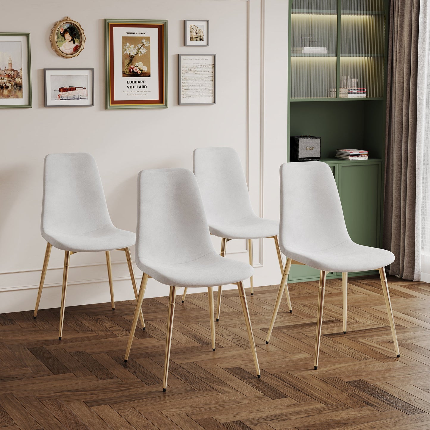 Fabric Dining Chairs Set of 4, Upholstered Armless Accent Chairs, Classical Appearance and Metal Legs