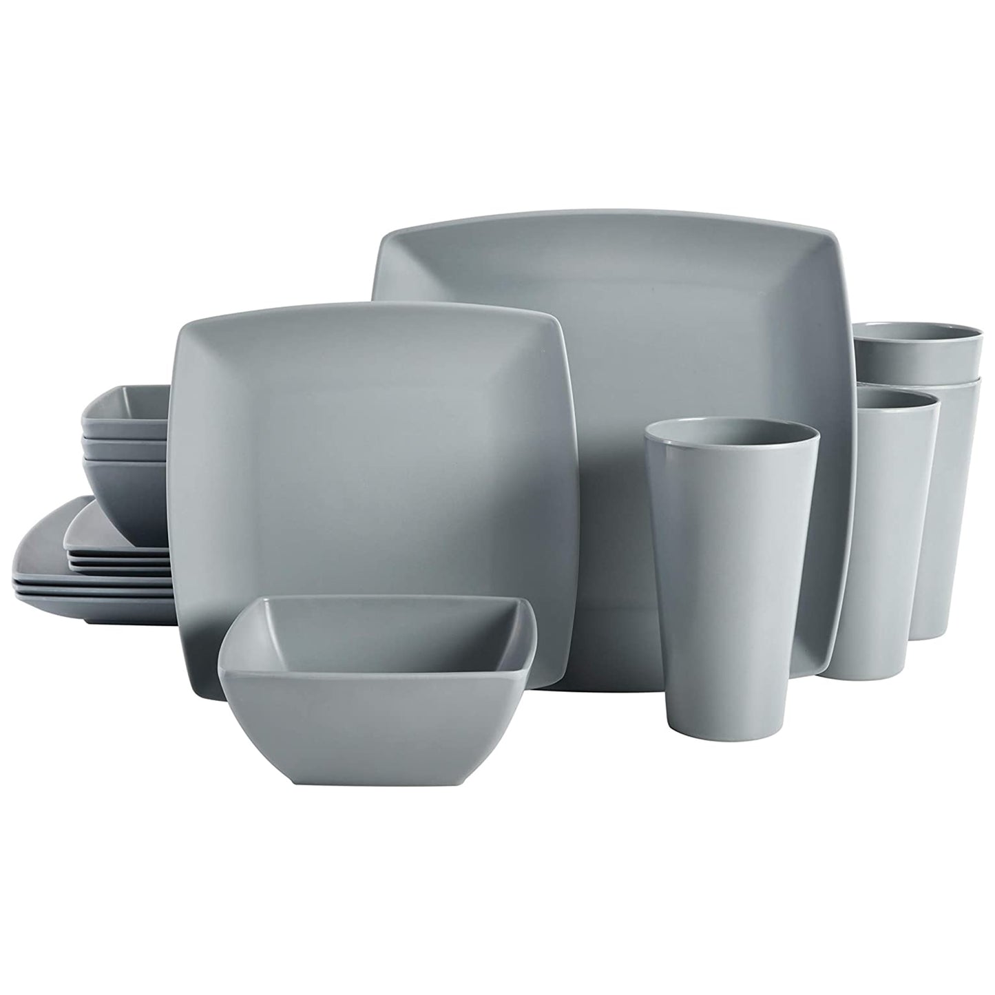 Gibson Home Grayson 16-piece square grey melamine dinnerware set with plates, bowls, and cups arranged on a table.