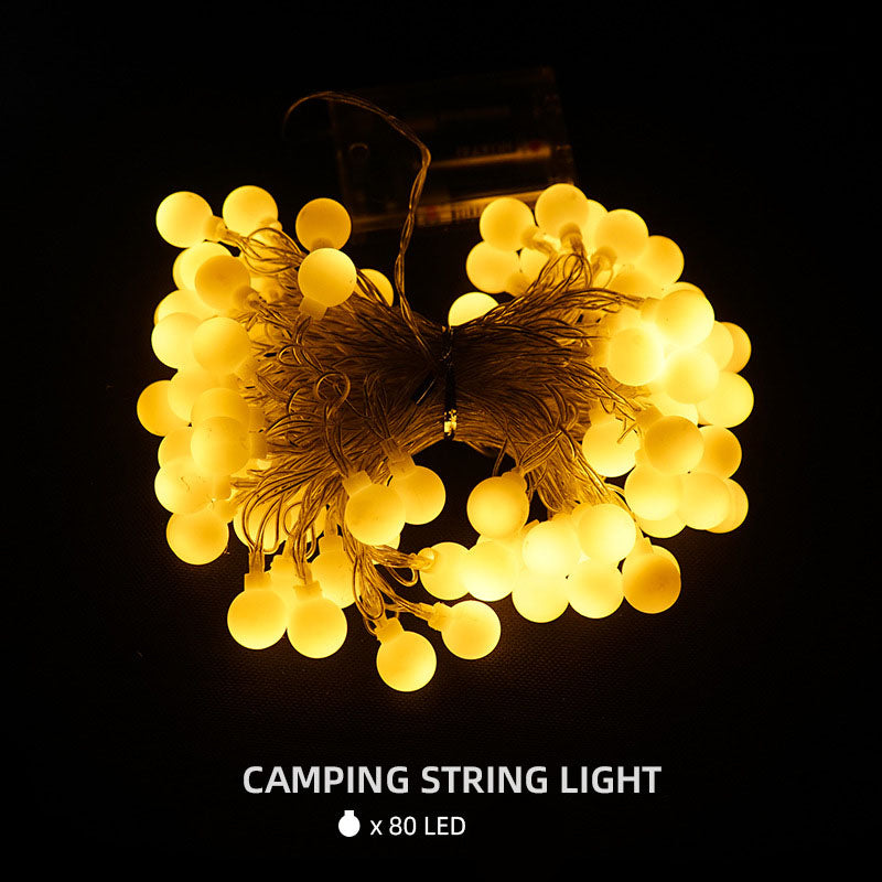 Outdoor camping LED string lights hanging inside a canopy tent, waterproof warm light atmosphere lights for camping and party decoration