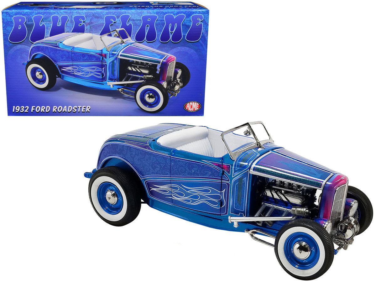 1932 Ford Roadster Hot Rod Blue Metallic with Flames and White Interior Limited Edition to 468 pieces Worldwide 1/18 Diecast Model Car by ACME-0