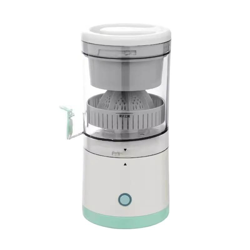 Eprolo wireless electric citrus juicer with a compact design, featuring a clear container and recharging base for fresh fruit juice extraction.